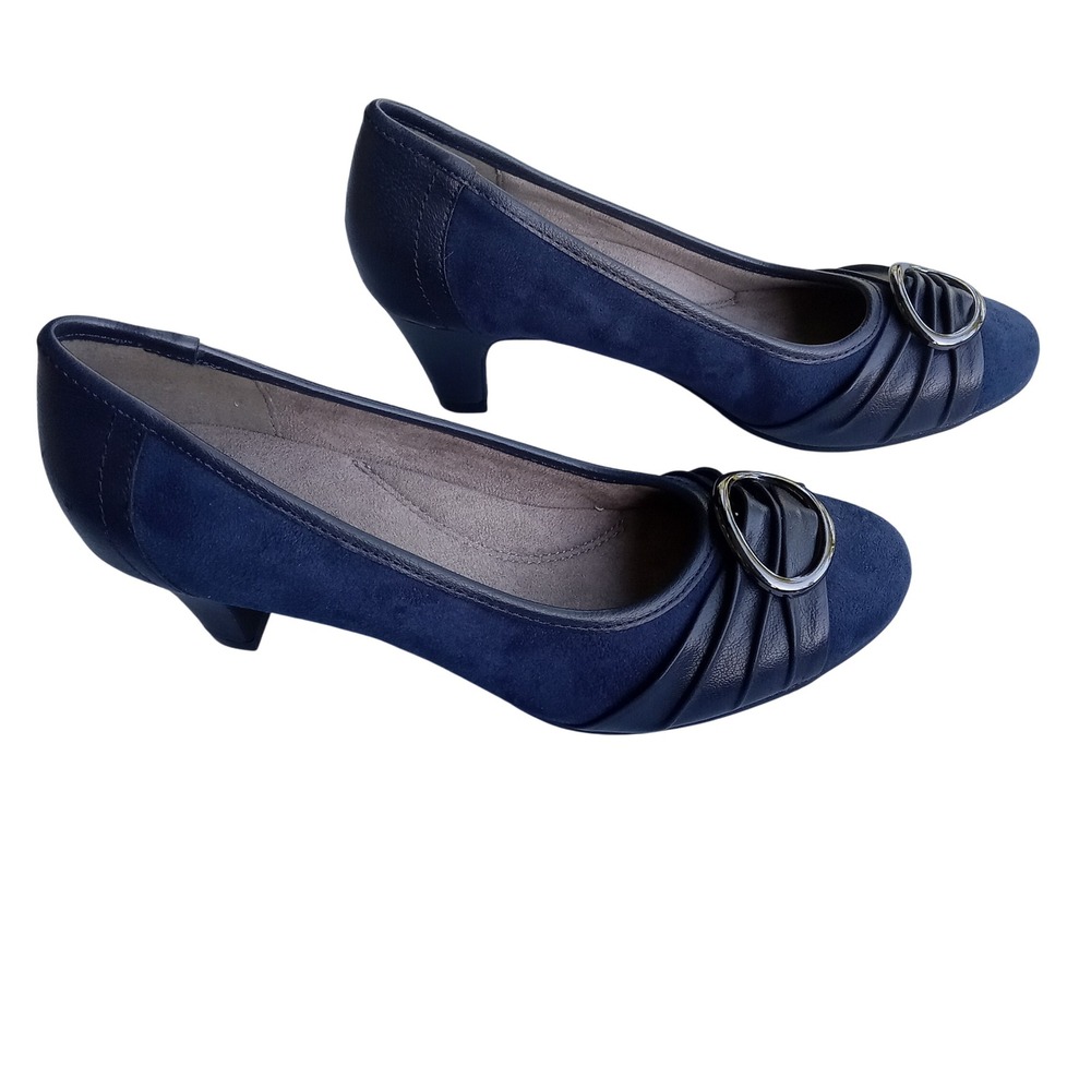 Andiamo Women's Navy Blue Suede Leather Comfort Technology Pumps with Buckle Sz8